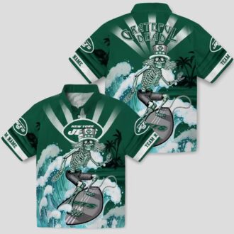 Custom New York Jets Surfing Skeleton Hawaiian Shirt, Green Blue NFL Fan Gift