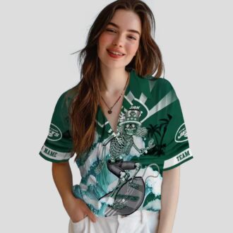 Custom New York Jets Surfing Skeleton Hawaiian Shirt, Green Blue NFL Fan Gift