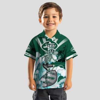 Custom New York Jets Surfing Skeleton Hawaiian Shirt, Green Blue NFL Fan Gift