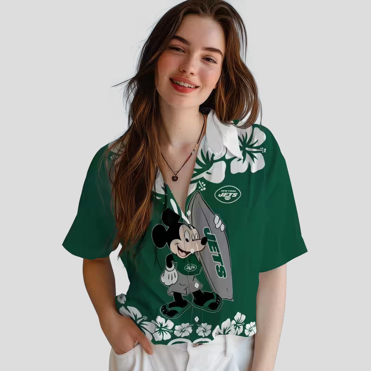 Green New York Jets Surfing Mickey Hawaiian Shirt, Summer NFL Fan Outfit