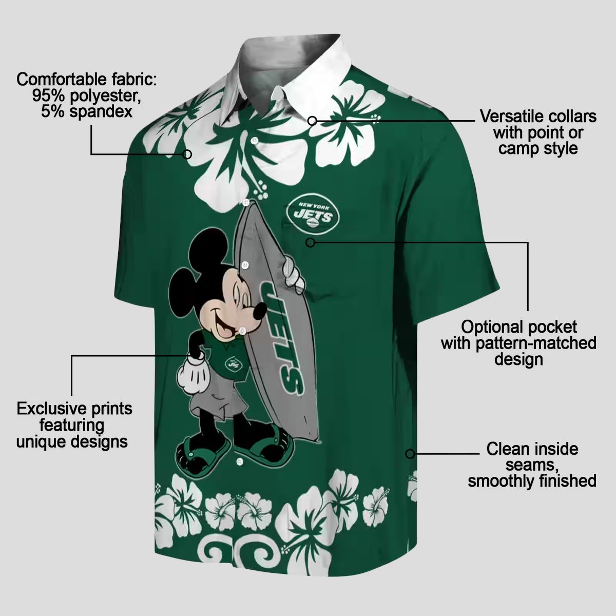 Green New York Jets Surfing Mickey Hawaiian Shirt, Summer NFL Fan Outfit