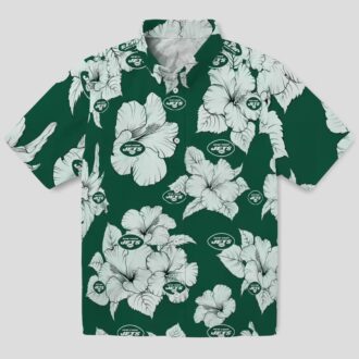 Green White Tropical New York Jets Hawaiian Shirt - Hibiscus Blooms Summer Theme