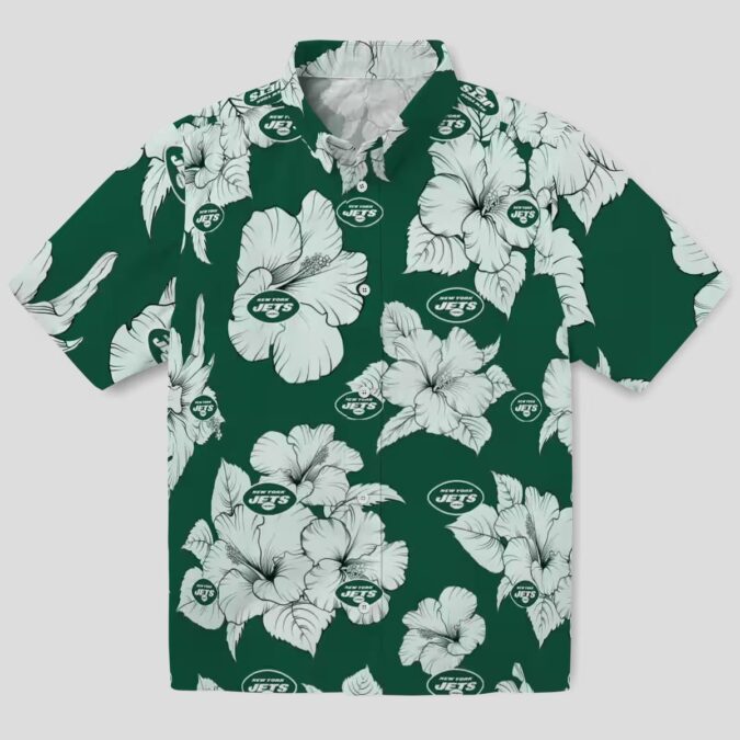 Green White Tropical New York Jets Hawaiian Shirt - Hibiscus Blooms Summer Theme