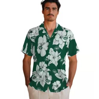 Green White Tropical New York Jets Hawaiian Shirt - Hibiscus Blooms Summer Theme