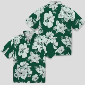 Green White Tropical New York Jets Hawaiian Shirt - Hibiscus Blooms Summer Theme