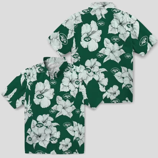 Green White Tropical New York Jets Hawaiian Shirt - Hibiscus Blooms Summer Theme