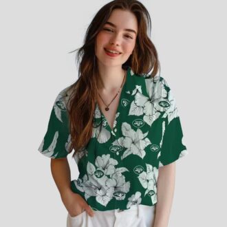 Green White Tropical New York Jets Hawaiian Shirt - Hibiscus Blooms Summer Theme