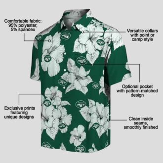 Green White Tropical New York Jets Hawaiian Shirt - Hibiscus Blooms Summer Theme