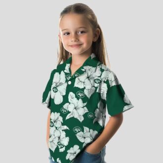 Green White Tropical New York Jets Hawaiian Shirt - Hibiscus Blooms Summer Theme