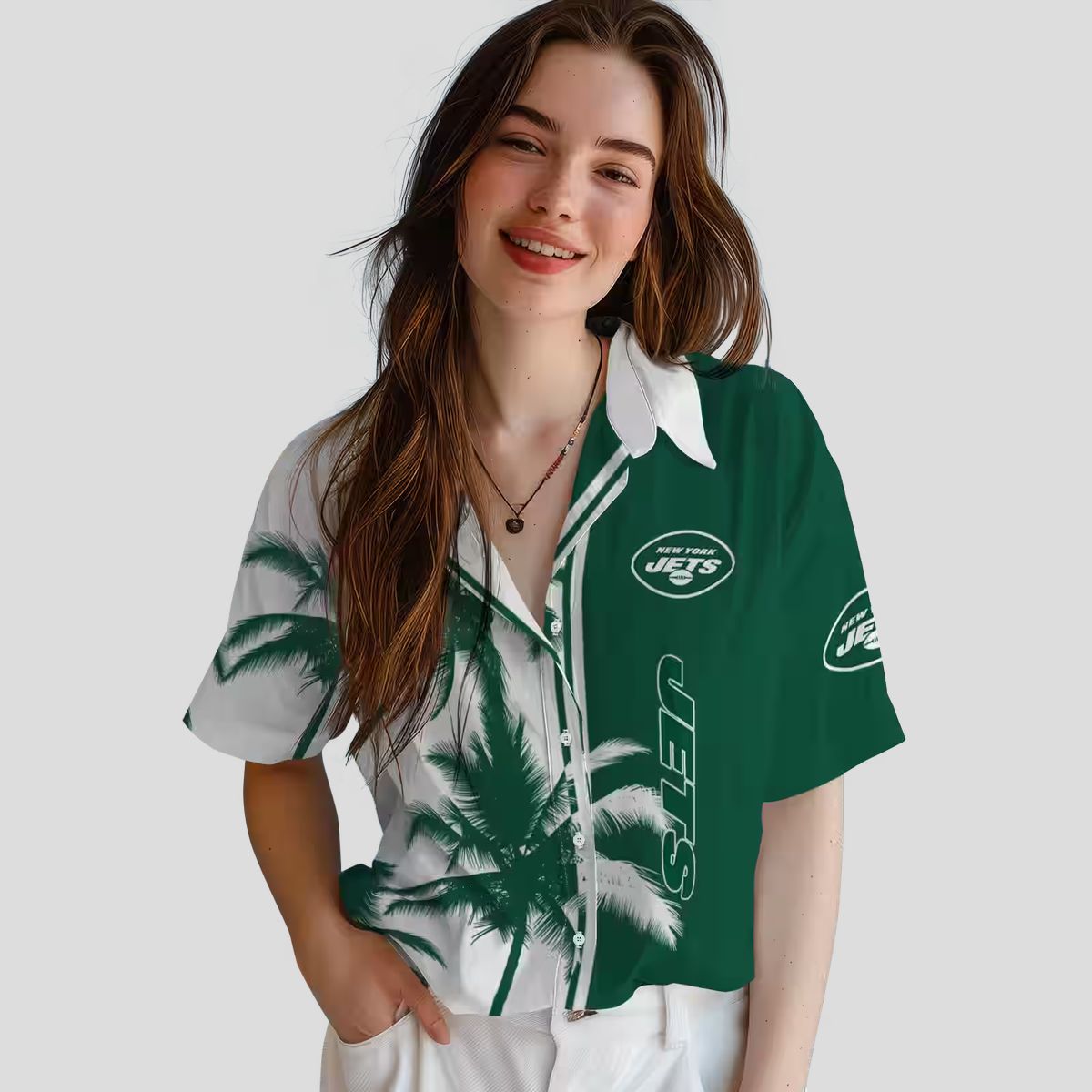 New York Jets Aloha Green White Shirt - Palm Tree Summer Hawaiian Style