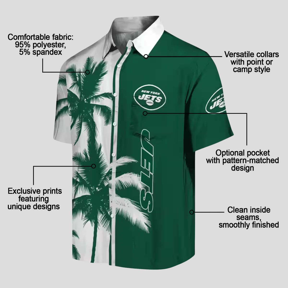 New York Jets Aloha Green White Shirt - Palm Tree Summer Hawaiian Style