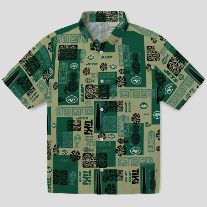 New York Jets Aloha Shirt, Green Tribal Pattern Hawaiian Shirt for Men