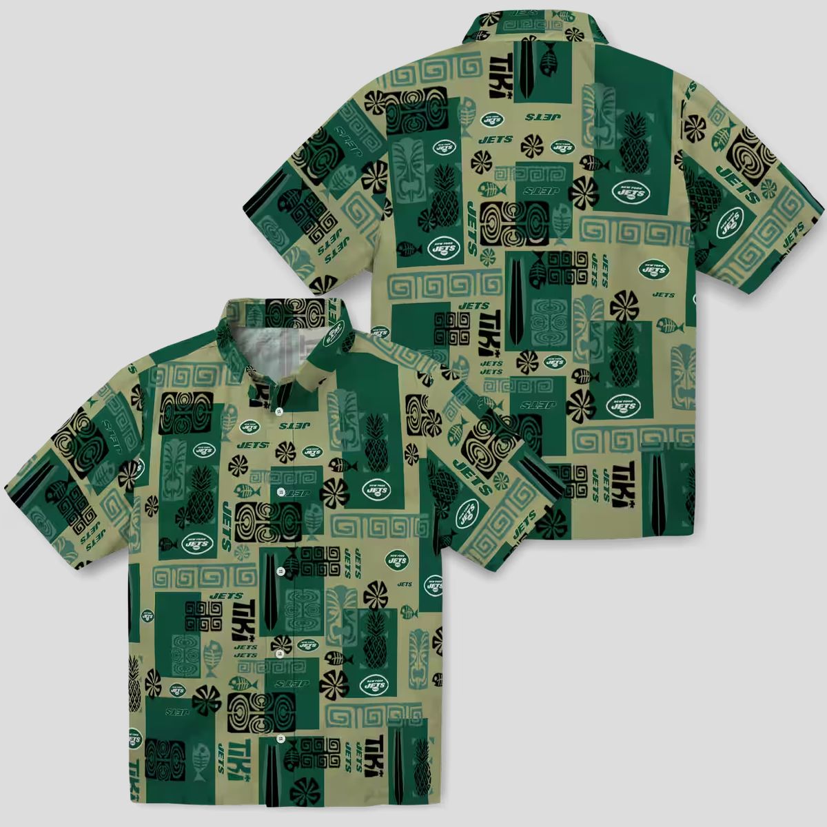 New York Jets Aloha Shirt, Green Tribal Pattern Hawaiian Shirt for Men