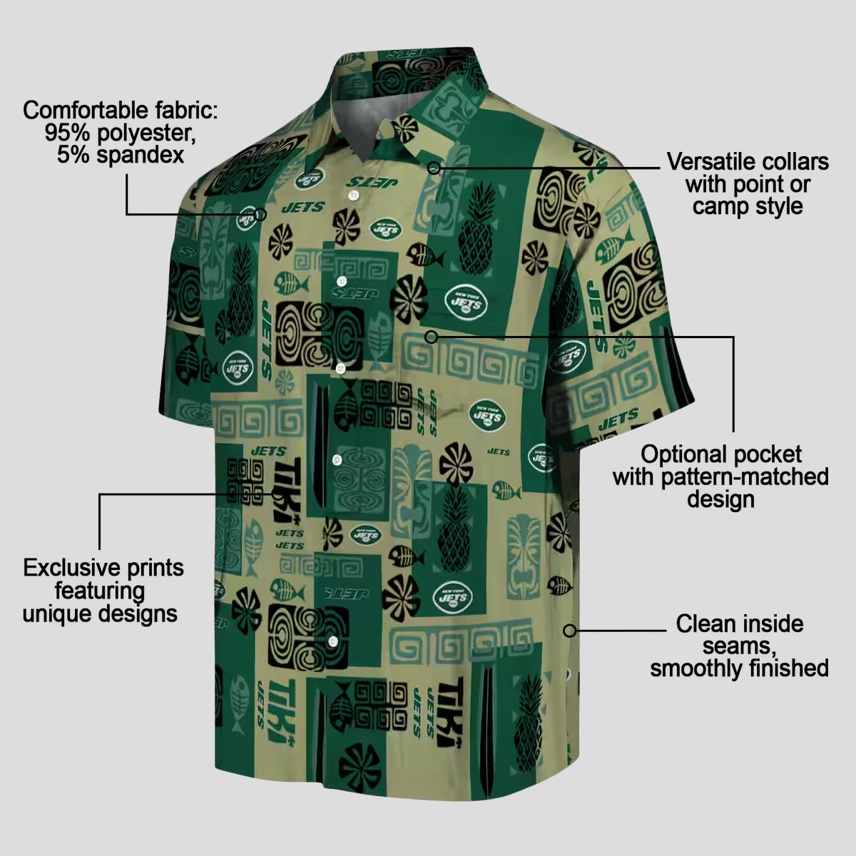 New York Jets Aloha Shirt, Green Tribal Pattern Hawaiian Shirt for Men