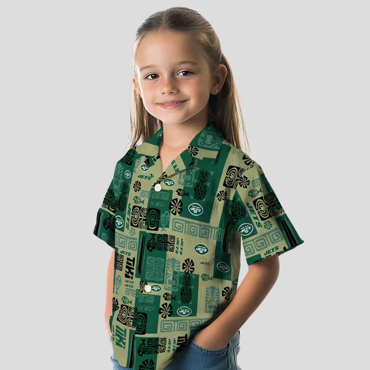 New York Jets Aloha Shirt, Green Tribal Pattern Hawaiian Shirt for Men