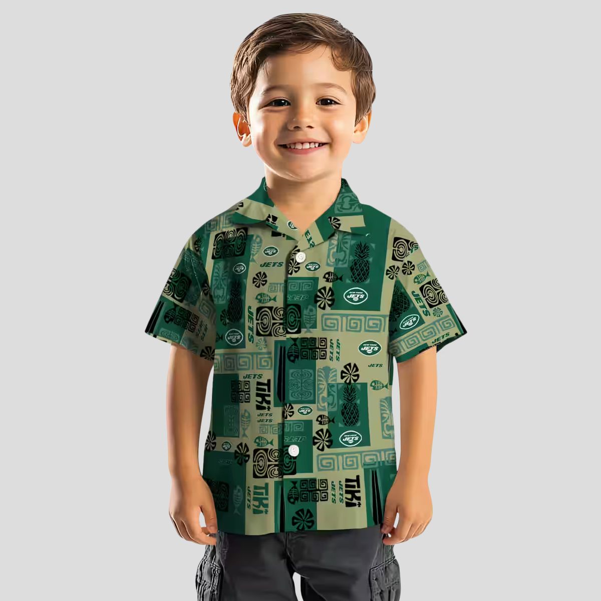 New York Jets Aloha Shirt, Green Tribal Pattern Hawaiian Shirt for Men