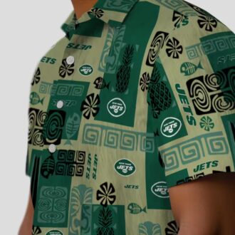 New York Jets Aloha Shirt, Green Tribal Pattern Hawaiian Shirt for Men