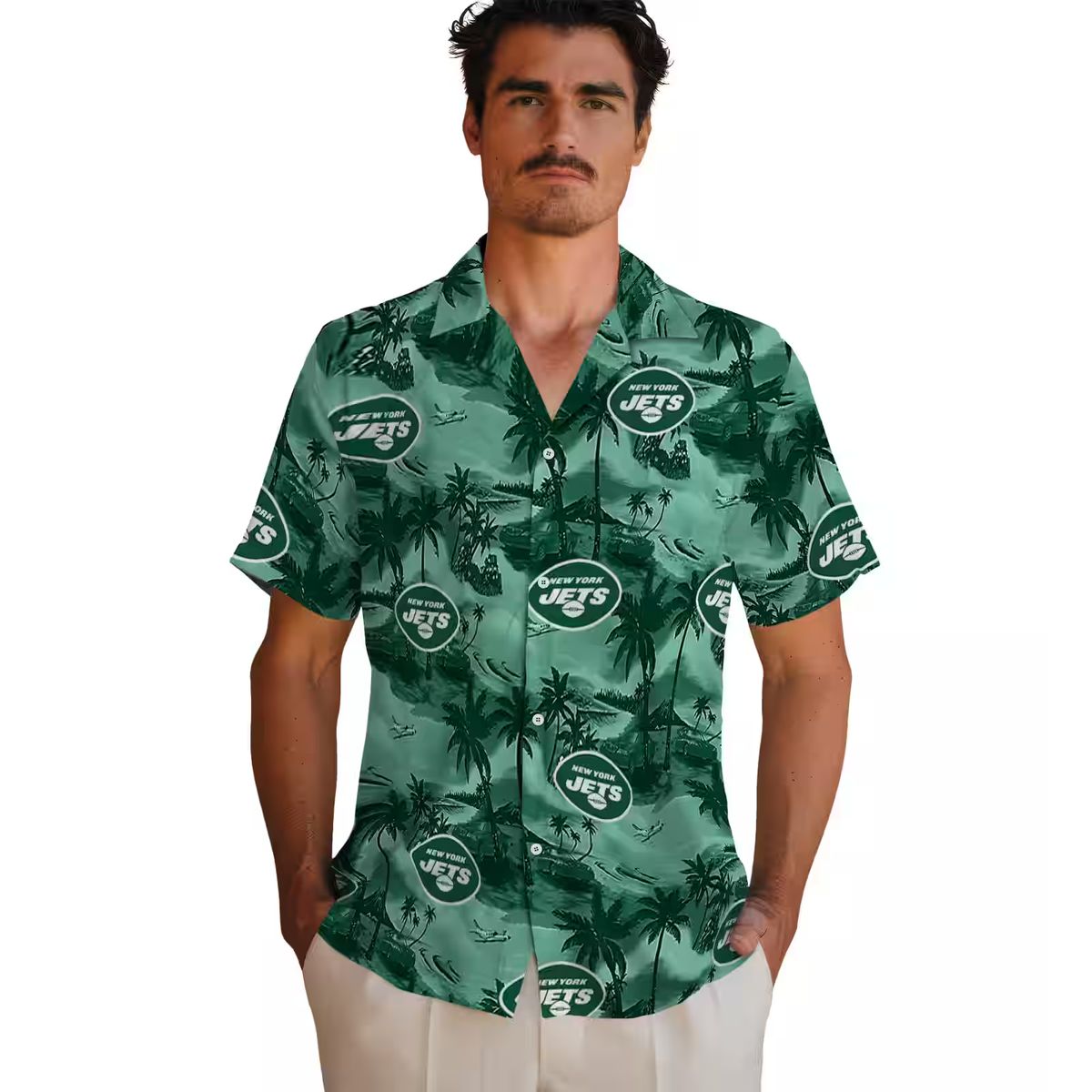 New York Jets Coastal Palms Hawaiian Shirt, Tropical Green NFL Fan Apparel