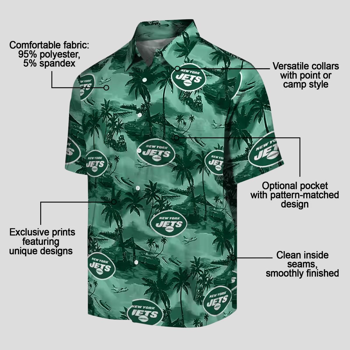 New York Jets Coastal Palms Hawaiian Shirt, Tropical Green NFL Fan Apparel