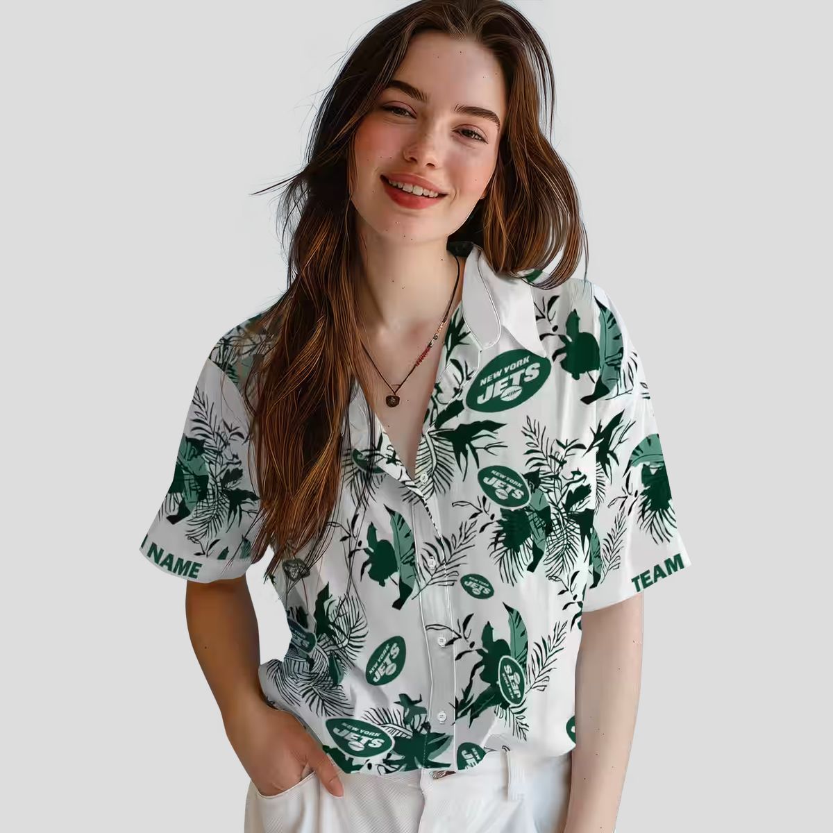 New York Jets Custom Hawaiian Shirt, Tropical Botanical Green & White NFL Design
