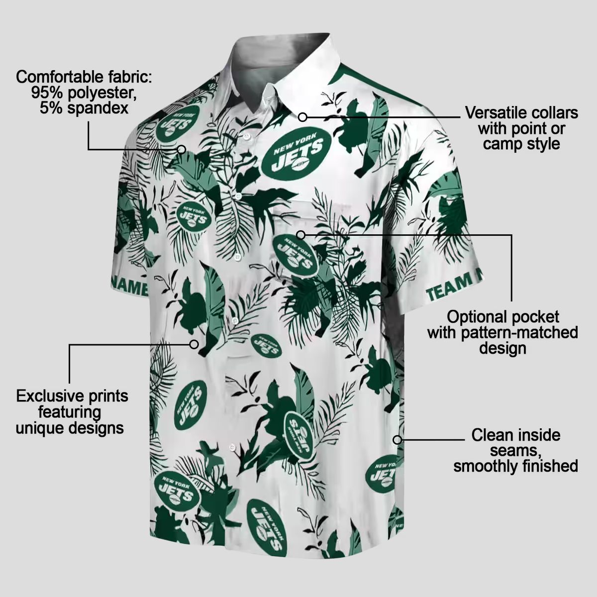 New York Jets Custom Hawaiian Shirt, Tropical Botanical Green & White NFL Design