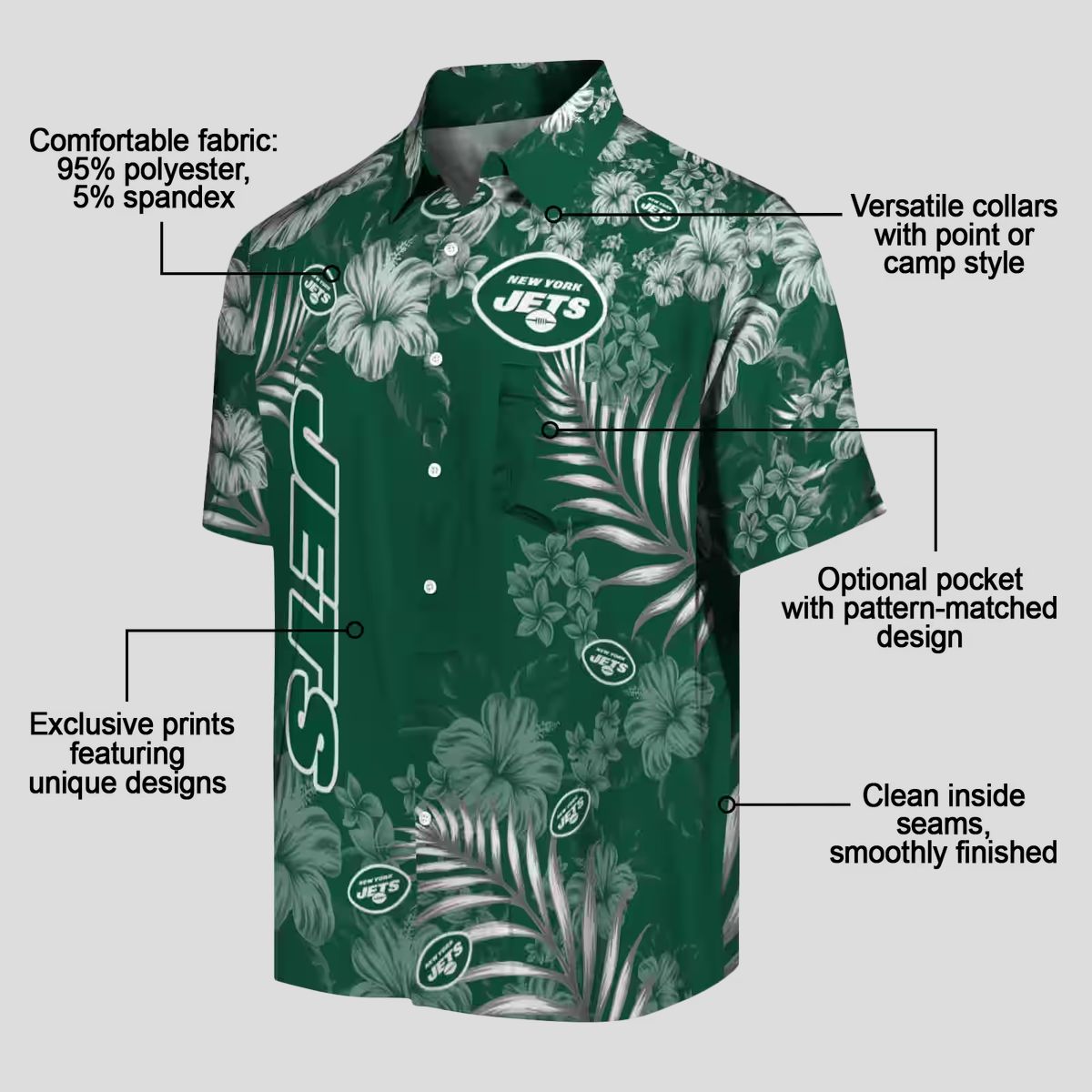 New York Jets Floral Hawaiian Shirt, Summer Hibiscus Print Football Fan Outfit