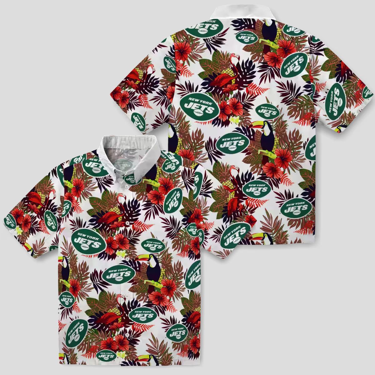 New York Jets Green Red Hawaiian Shirt, Floral Toucan Tropical NFL Fan Apparel