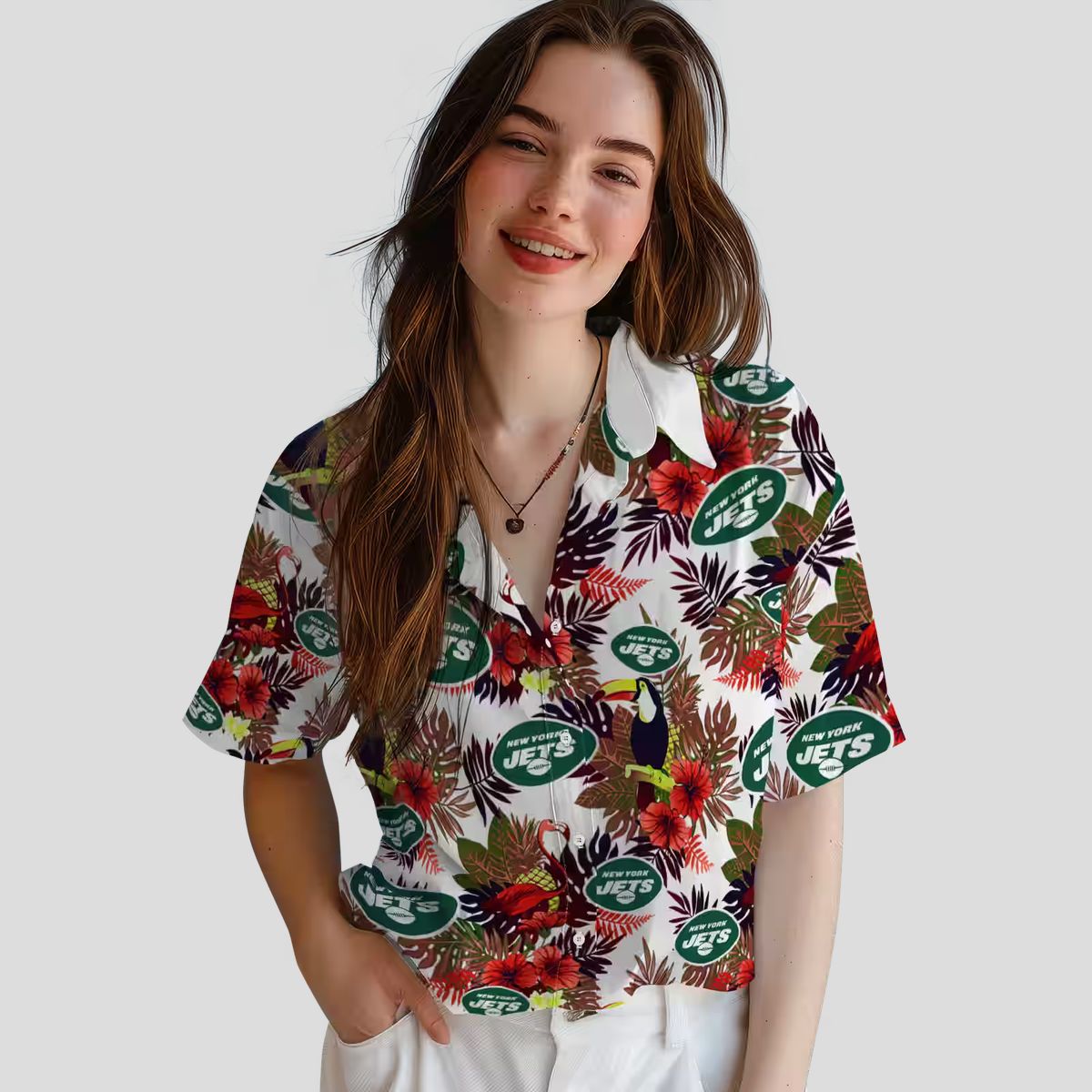 New York Jets Green Red Hawaiian Shirt, Floral Toucan Tropical NFL Fan Apparel