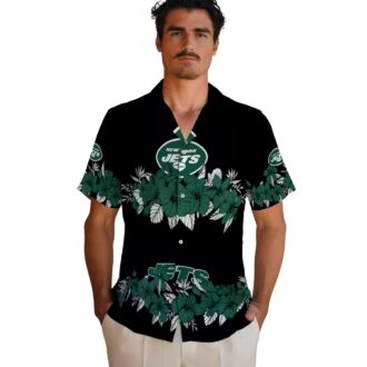 New York Jets Hawaiian Button Up Shirt, Tropical Hibiscus Stripe Summer Outfit