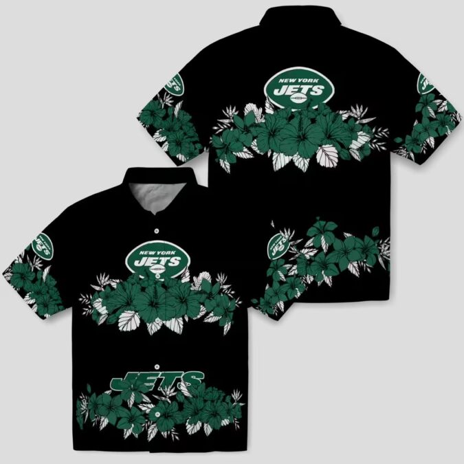 New York Jets Hawaiian Button Up Shirt, Tropical Hibiscus Stripe Summer Outfit