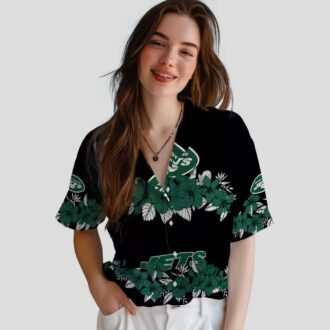 New York Jets Hawaiian Button Up Shirt, Tropical Hibiscus Stripe Summer Outfit