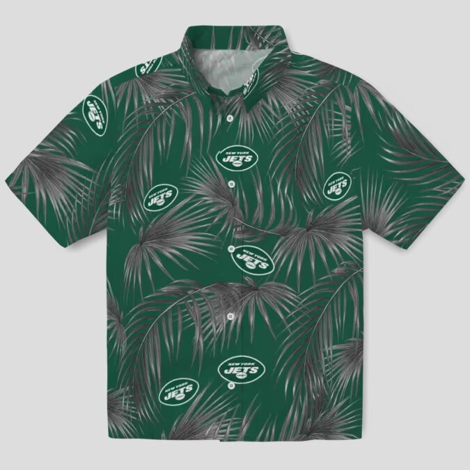 New York Jets Hibiscus Floral Hawaiian Shirt - Green Leafy Palms Print