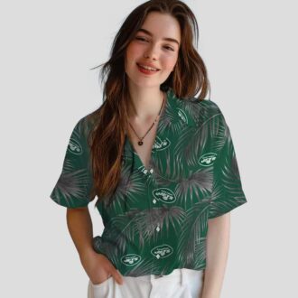 New York Jets Hibiscus Floral Hawaiian Shirt - Green Leafy Palms Print
