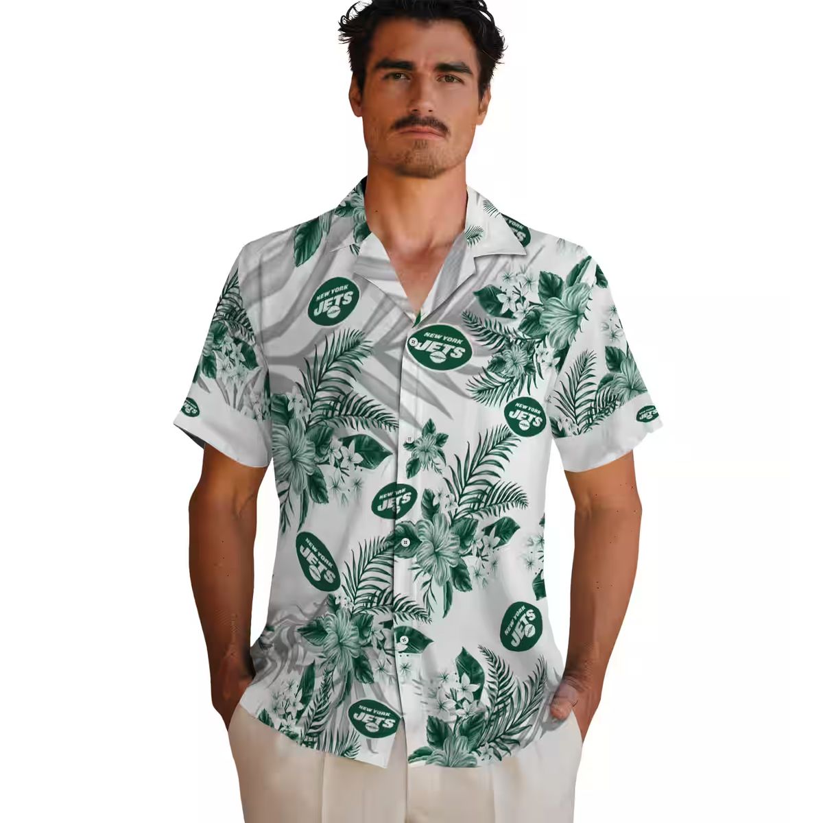 New York Jets Hibiscus Palm Hawaiian Shirt, Green White Tropical Football Apparel