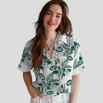 New York Jets Hibiscus Palm Hawaiian Shirt, Green White Tropical Football Apparel