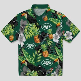 New York Jets Summer Hawaiian Shirt - Tropical Toucan Hibiscus Pineapple Design