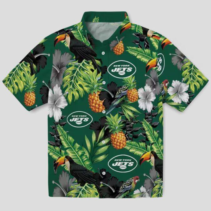 New York Jets Summer Hawaiian Shirt - Tropical Toucan Hibiscus Pineapple Design