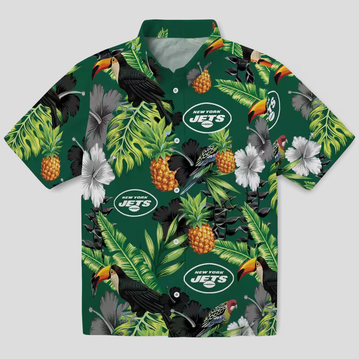 New York Jets Summer Hawaiian Shirt - Tropical Toucan Hibiscus Pineapple Design