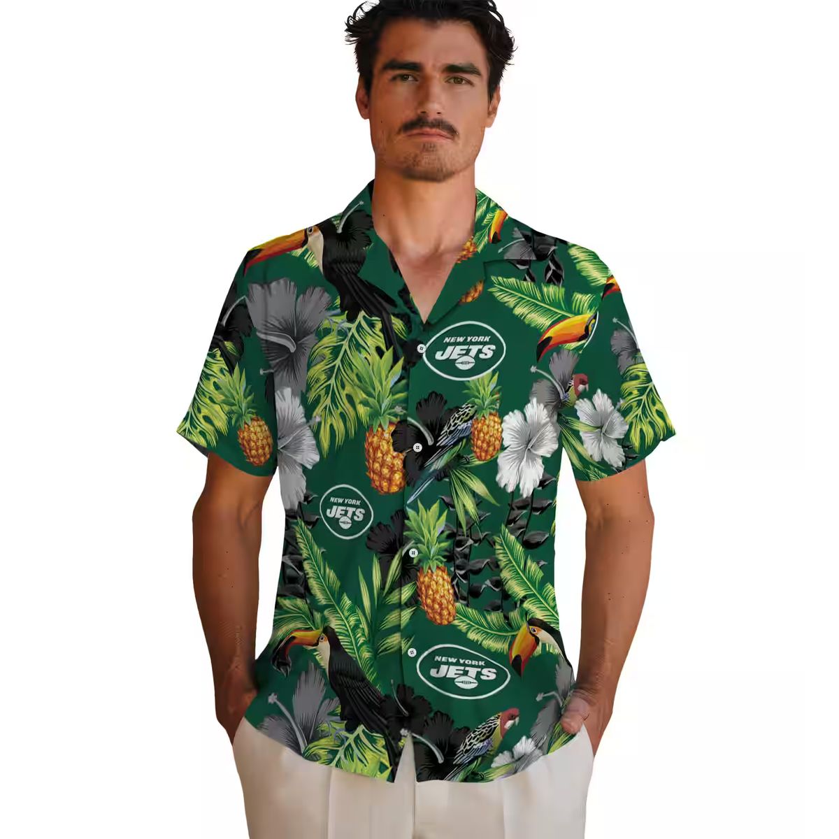 New York Jets Summer Hawaiian Shirt - Tropical Toucan Hibiscus Pineapple Design