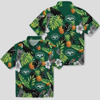 New York Jets Summer Hawaiian Shirt - Tropical Toucan Hibiscus Pineapple Design
