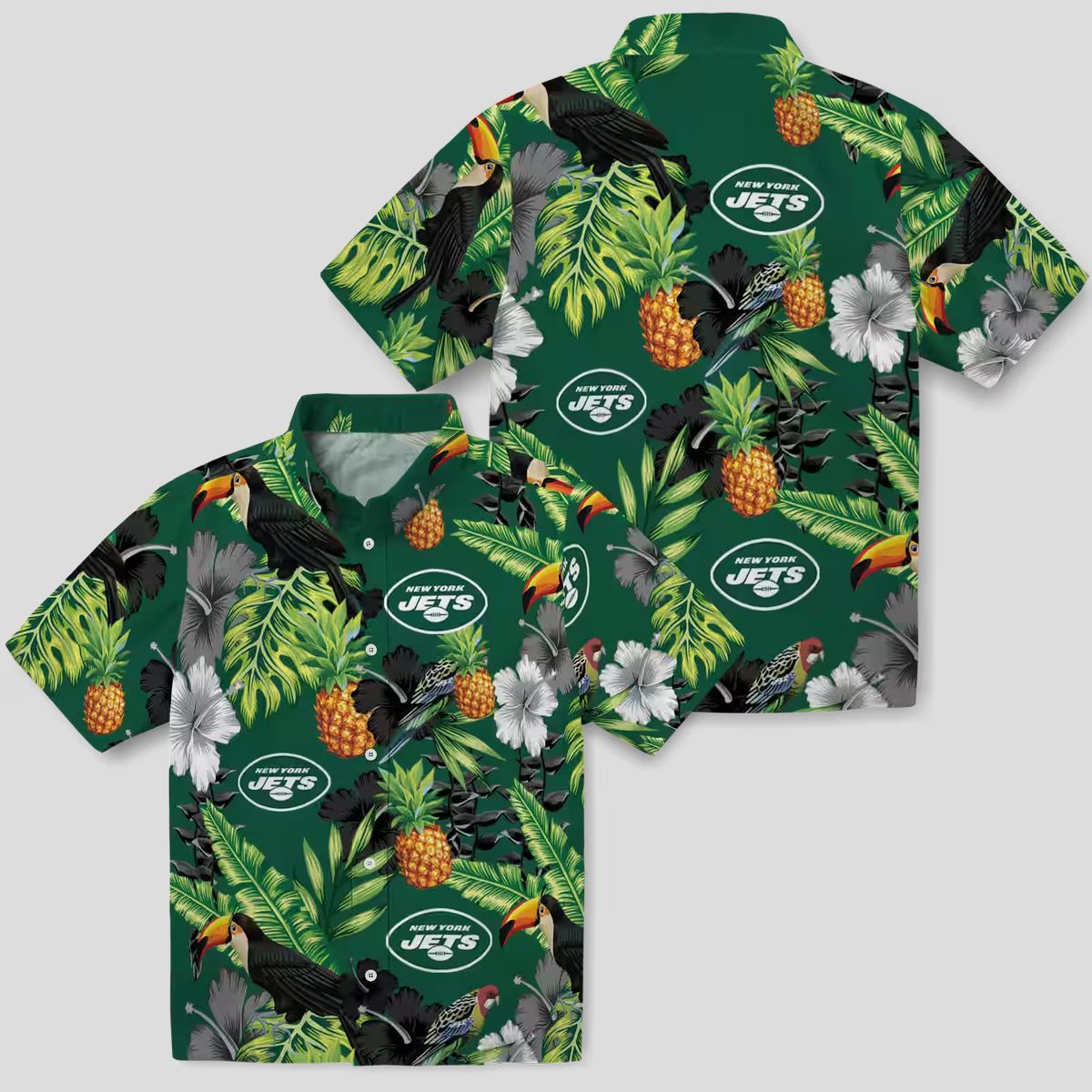 New York Jets Summer Hawaiian Shirt - Tropical Toucan Hibiscus Pineapple Design
