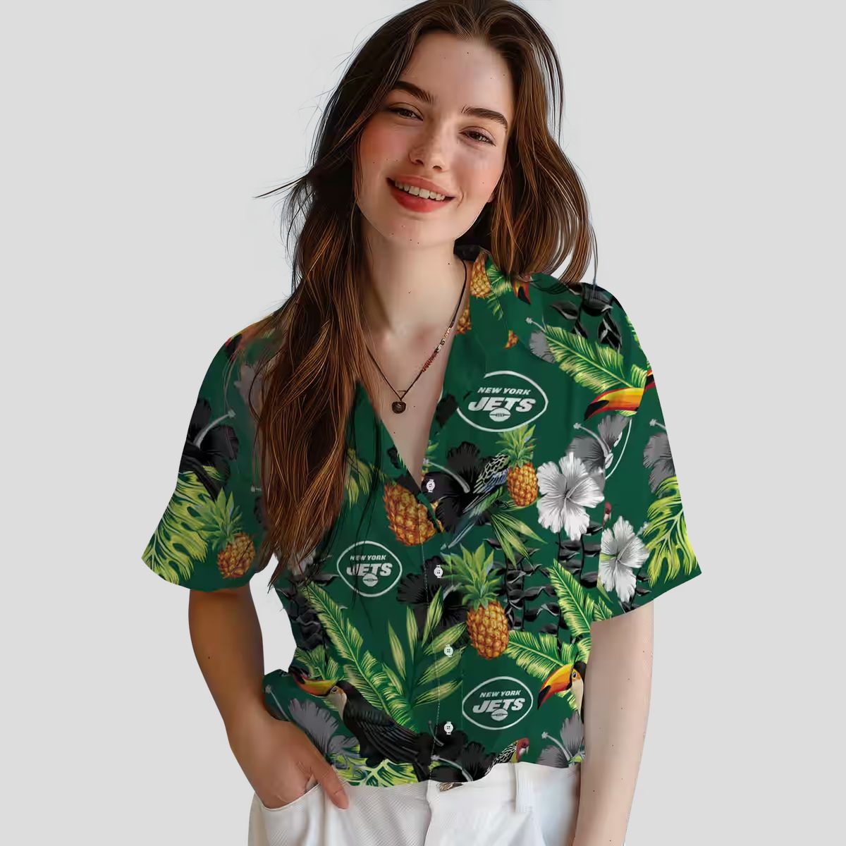 New York Jets Summer Hawaiian Shirt - Tropical Toucan Hibiscus Pineapple Design