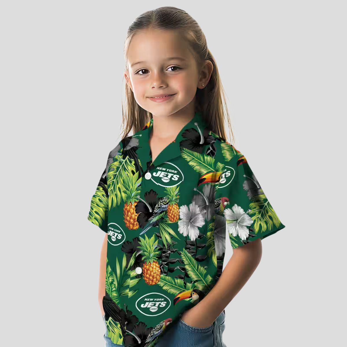 New York Jets Summer Hawaiian Shirt - Tropical Toucan Hibiscus Pineapple Design