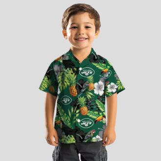 New York Jets Summer Hawaiian Shirt - Tropical Toucan Hibiscus Pineapple Design