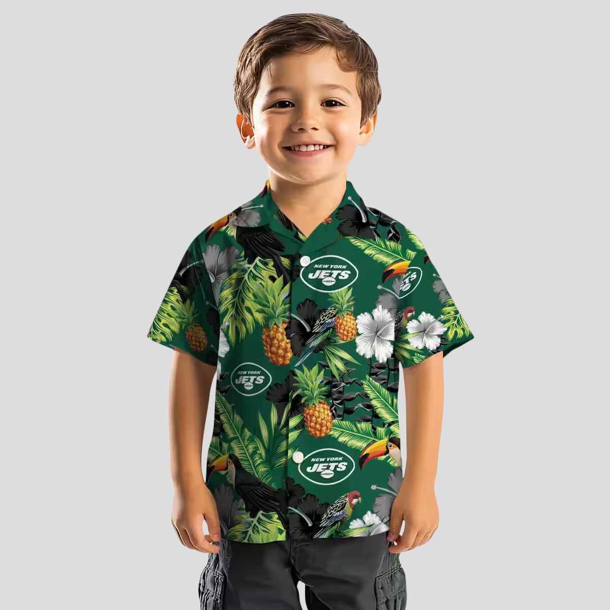 New York Jets Summer Hawaiian Shirt - Tropical Toucan Hibiscus Pineapple Design