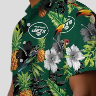 New York Jets Summer Hawaiian Shirt - Tropical Toucan Hibiscus Pineapple Design