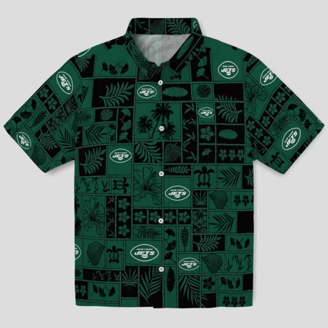 New York Jets Tropical Patchwork Hawaiian Shirt, Green Black Floral Football Fan Wear