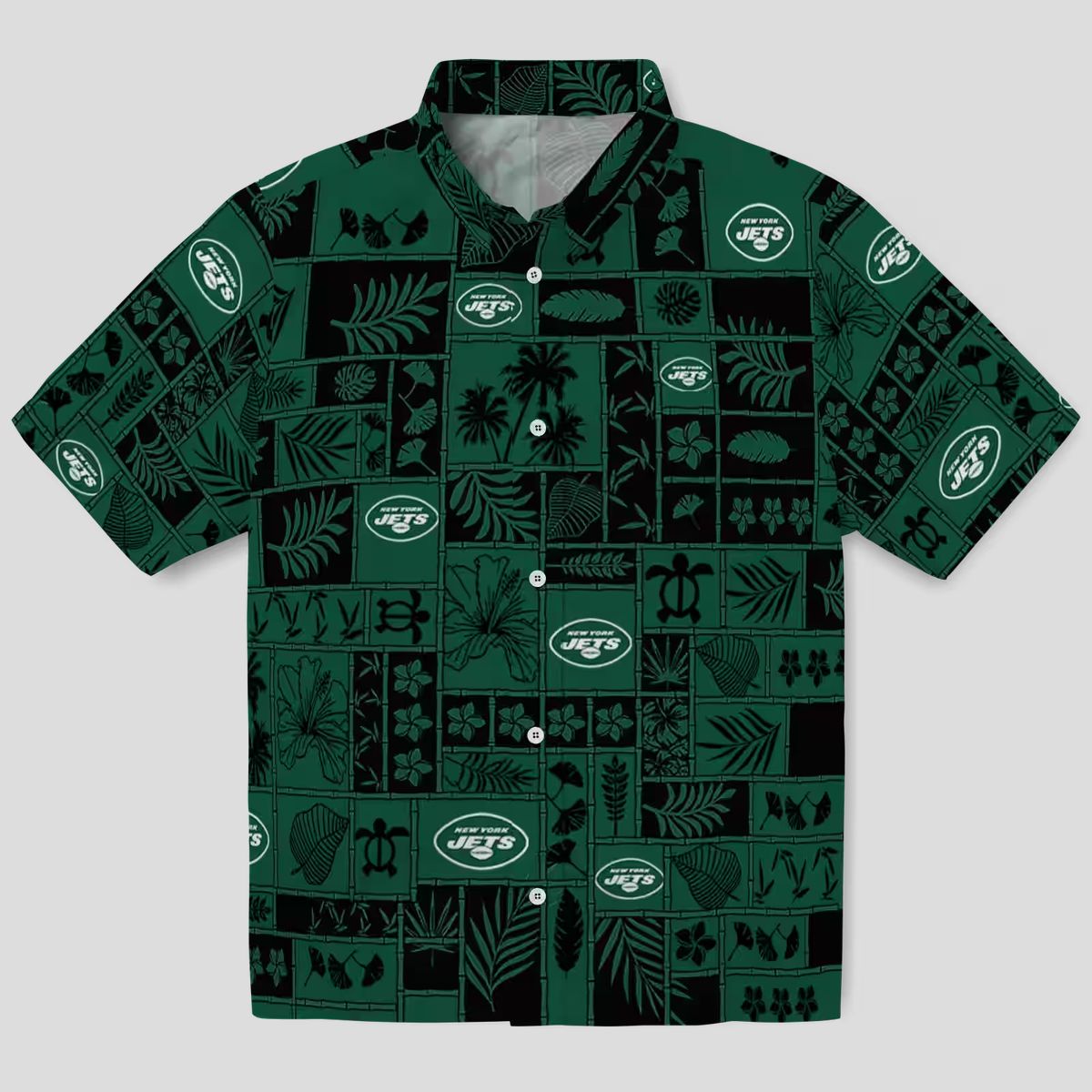 New York Jets Tropical Patchwork Hawaiian Shirt, Green Black Floral Football Fan Wear