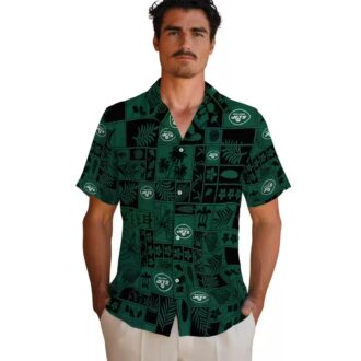 New York Jets Tropical Patchwork Hawaiian Shirt, Green Black Floral Football Fan Wear