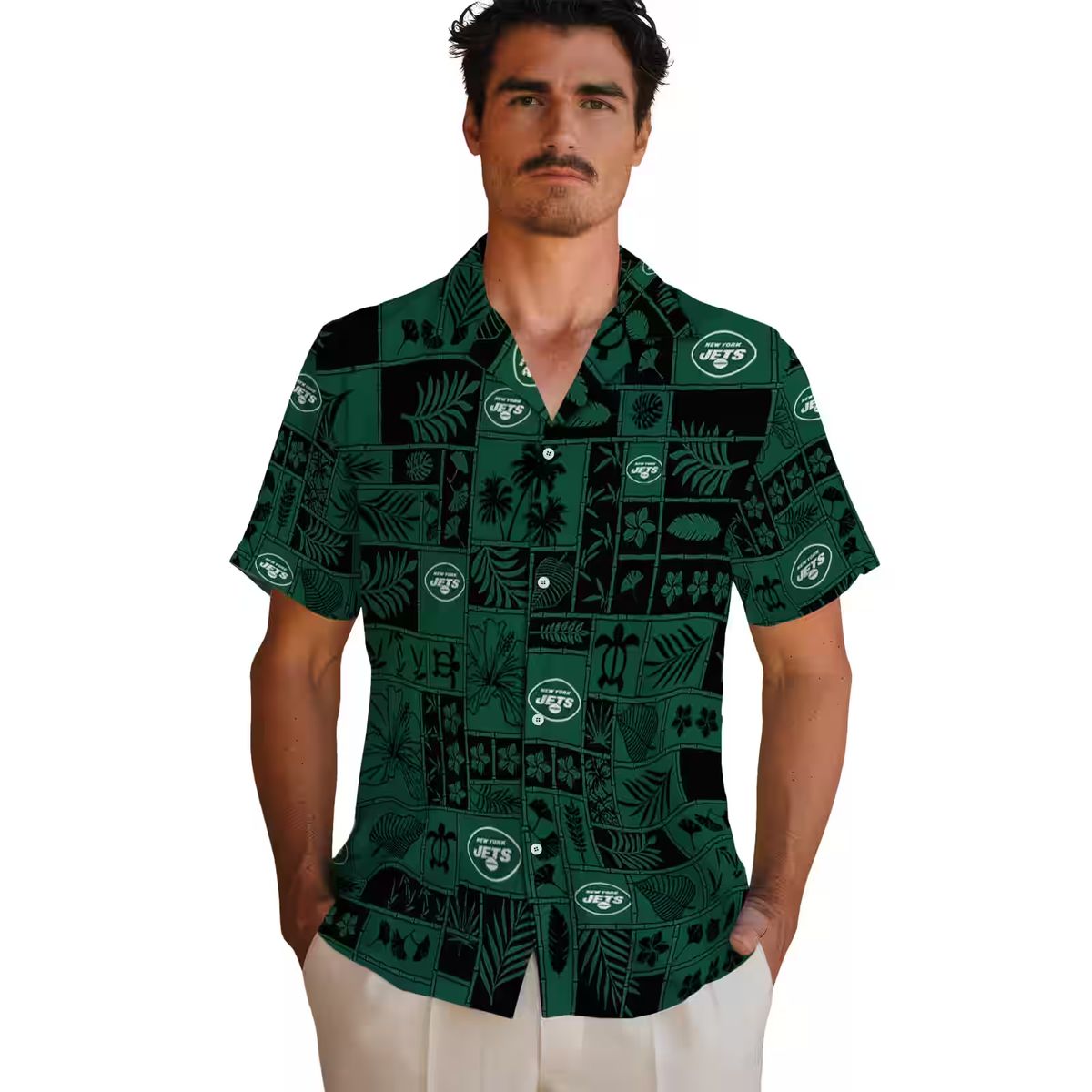 New York Jets Tropical Patchwork Hawaiian Shirt, Green Black Floral Football Fan Wear